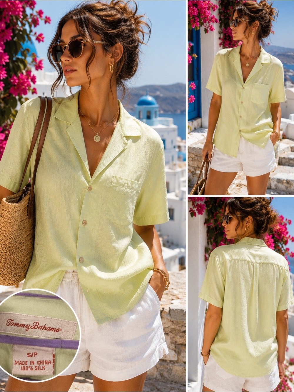 Tommy Bahama 100% Silk Camp Shirt Sage Green Button Front Women’s S/P Petite